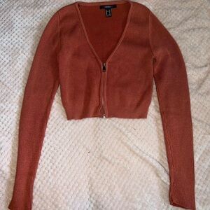 Forever 21 Orange Cropped Zip-Up Long Sleeve Ribbed Cardigan size Medium